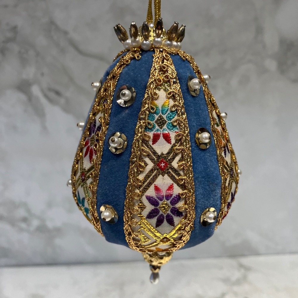 Vintage Beaded Egg Ornament Blue Velvet Gold Filigree Faux Pearl Embroidery 5.5"